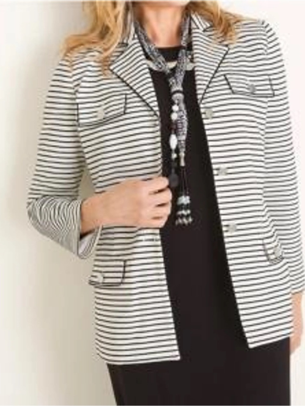Chico's Black & White Striped Knit Blazer Size 8/10